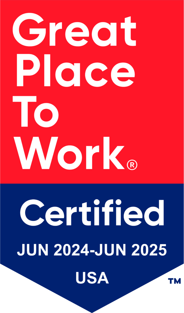 A red and blue place to work certified logo.